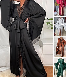 abordables -Femmes Pyjamas Loungewear Chemise de Nuit Combinaison Chaud Mode Sexy Couleur Unie Pyjama en satin soyeux Cordon de serrage Dentelle Maison manche longue Col en V Noir Blanche Vin Vert Véronèse Rouge
