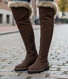 economico -stivali da donna sopra il ginocchio in finta pelle scamosciata marrone con rifiniture in pelliccia sintetica: calzature invernali comode ed eleganti per un calore extra