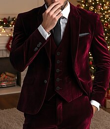 זול -חליפות קטיפה לגברים לחתונה, מסיבת חג המולד, דש משובץ, צהוב בורדו, רשמי, אחיד, גזרה מחויטת, 3 חלקים, חזה יחיד, כפתור אחד