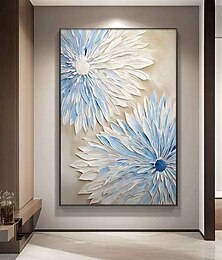 abordables -Peinture à l'huile faite à la main sur toile, décoration murale abstraite bleue et blanche, fleurs au couteau 3D pour la décoration intérieure, cadre tendu, peinture suspendue/peinture roulée sans
