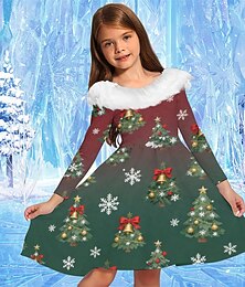 levne -Vánoce Girls ' 3D Grafika Vánoční stromek Šaty Dlouhý rukáv Jaro Podzim Dovolená Denní Krásná Sladký Děti 4-12 let Šaty na párty Áčkové šaty Délka ke kolenům Běžný