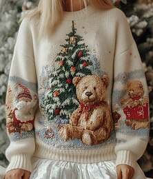 billiga -Dam Tröja söt stil Dagligen Ledigt Grafisk Djur Julgran Ribbad Rund hals Stickat Mönster Långärmad Vanliga toppar Sticka Jul Utomhus Helgen Kaki Höst Vinter