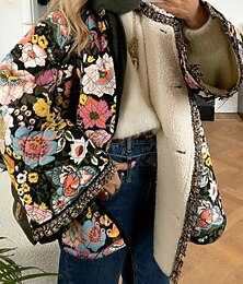 preiswerte -Damen Winterjacke Sherpa-Jacke Bequem Atmungsaktiv Knöpfe Druck Lässig Blumen Urlaub Straße Lässig Alltagskleidung Einreihig Regulär Rundhalsausschnitt Normale Passform Langarm Oberbekleidung Schwarz