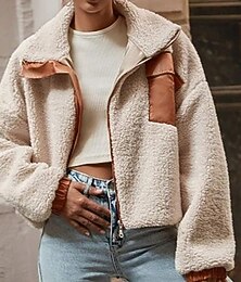 abordables -Mujer Abrigo de invierno Chaqueta de lana Abrigo de peluche Mantiene abrigado Cómodo Retazos Cremallera Bolsillo Moda Casual Color sólido Vacaciones Calle Casual Ropa Cotidiana Regular Cuello Vuelto
