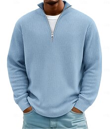 Недорогие -Муж. Рубашки-поло из вафельной ткани Текстура на открытом воздухе Повседневные Молния Четверть молния Длинный рукав Мода Современное Сплошной цвет Полотняное плетение Трикотаж