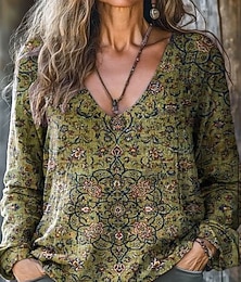 levne -Dámské Halenka Květinový Grafika Elegantní Vinobraní stylové Dlouhý rukáv Do V Běžné topy Denní Dovolená Jdeme ven Nabírané šaty Fialová Armádní zelená Rubínově červená Vodní modrá Světle fialová