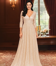 preiswerte -A-Linie Bodenlang Abendkleid Dreiviertelarm V Ausschnitt Elegant Party luxuriös Tüll Paillettenbesetzt Brautmutterkleid mit Falten Paillette