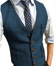 economico -Per uomo Gilet in tweed Gilet Formale Matrimonio Vacanza Quotidiano Moda Classico Primavera Autunno Tasca Bottoni Confortevole Spina di Pesce Monopetto Scollo a V Vestibilità su misura Rosso Borgogna