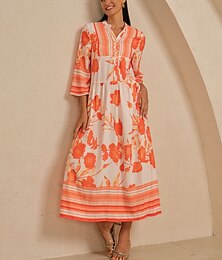 abordables -Robe longue en satin orange pour femme, coupe ample, manches 3/4, col en V, col montant, imprimé floral hawaïen, élégante, vacances, décontractée, tous les jours, printemps, été