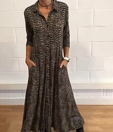 economico -Per donna Abito maxi Abito a trapezio Casual Quotidiano Vestibilità comoda A righe Manica Lunga Bavero Nero Rosso Blu Primavera Autunno