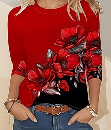 abordables -Femmes T-shirt Fleuri Graphique Plantes ancien Mode Élégant manche longue Col ras du cou Col rond Hauts Réguliers Quotidien Week-end Imprimé Vin Automne Hiver