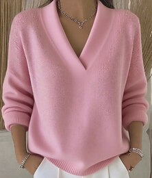 Недорогие -Жен. Вязаная ткань На каждый день Мягкий Чистый цвет Рельефный узор V-образный вырез Трикотаж Длинный рукав Обычные топы Вязать на открытом воздухе Повседневные выходные Черный Розовый Осень Зима