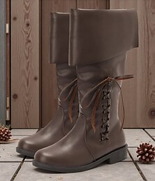 Недорогие -Мужские коричневые ботинки из искусственной кожи в стиле средневекового возрождения — стильная шнуровка и отвороты, идеально подходят для косплея, исторических реконструкций и тематических мероприятий.
