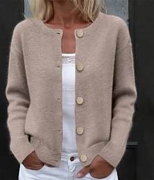 abordables -Femmes Pull Cardigan Élégant Mode Streetwear Couleur Unie Côtelé Col ras du cou Avec Poches Tricoté manche longue Hauts Réguliers Tricoter Extérieur Quotidien Week-end Noir Jaune Automne Hiver