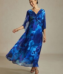 ieftine -Rochie maxi pentru femei, model floral abstract, decolteu în V, nod în față, mâneci evazate