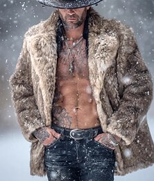 Недорогие -Муж. Зимняя куртка Искусственное меховое пальто Отпуск Повседневные Сохраняет тепло Флис Зима Полотняное плетение Мода Уличный стиль Лацкан Обычная Верблюжий Жакеты