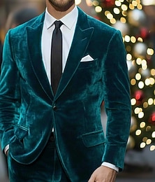 זול -חליפות קטיפה לגברים חג המולד, קז'ואל, מסיבה, דש משובץ, כחול ירוק צהוב, מסיבת חג המולד, אחיד, גזרה מחויטת, 2 חלקים, חזה יחיד, כפתור אחד