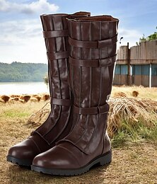 preiswerte -braune kniehohe Kunstlederstiefel für Herren – modisch mit Schnürdetail, perfekt für Freizeit- und Outdoor-Aktivitäten