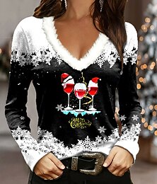 abordables -Noël Femmes T-shirt Graphique Motif de flocon de neige ancien Élégant Classique manche longue Col en V Hauts Réguliers Quotidien Patchwork Imprimé Noir Rouge Bleu Violet Vert Automne Hiver
