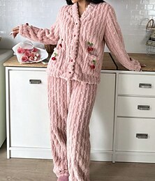 Недорогие -Жен. Пижамы Домашняя одежда пижама Фланель Теплый Мода Фрукты Карман Эластичная талия Брюки Отпуск Дом Длинный рукав V-образный вырез Черный Белый Желтый Розовый Красный Осень Зима Стандартный