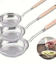 olcso -3 db rozsdamentes acél fa nyéllel ellátott szűrő - ideális tészta sütéséhez, lecsepegtetéséhez és tálalásához &tészta, tökéletes ételkészítéshez és olajszűréshez, ételkészítési alapfelszerelések,