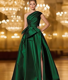 זול -גזרת A עד הריצפה שמלות ערב שמלת נשף לבוש רשמי אלגנטית נוצץ עשוי משי ללא שרוולים כתפיה אחת רשמי חתונה כיס סאטן נמתח עם פפיון(ים) אסוף