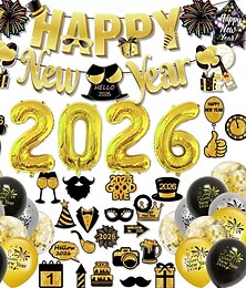 abordables -Décorations de réveillon du Nouvel An noires et dorées, 52 pièces, guirlande de ballons « Bonne Année » 2026, bannière, accessoires pour photomaton &fournitures de fête pour la célébration du compte à