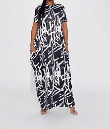 Недорогие -Жен. длинное платье платье макси Повседневное платье Платье с принтом Мода Современное Повседневные На выход выходные Свободное облегание Полотняное плетение С короткими рукавами Вырез под горло