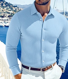 preiswerte -Herren Hemd Rippenstrick Freizeithemd Stehkragenhemd Knopfhemd Weiß Marineblau Grau Leicht Blau Langarm Einfach Kragen Lässig Täglich Bekleidung Mode Modern Lässig Bequem