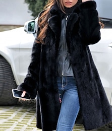 זול -בגדי ריקוד נשים מעיל מעיל פרווה שמור על חום הגוף נוח פרוות ועורות יום יומי אחיד חופשה רחוב קזו'אל לבוש יומיומי ארוך צווארון מתקפל רגיל שרוול ארוך הלבשה עליונה שחור סתיו חורף