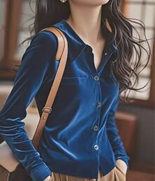 Недорогие -Жен. Рубашка Бархат Elegant Нарядный Сплошной цвет Полотняное плетение Элегантный стиль Дамы Стиль Длинный рукав Рубашечный воротник Обычные топы Офис Повседневные На выход Карман Пуговицы Синий