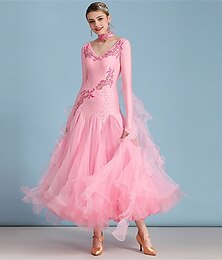 abordables -Robe de danse de salon pour femme, rose, florale, strass, organza, superposée, élégante, valse, foxtrot, compétition