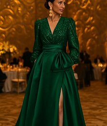 voordelige -A-lijn Tot de grond Avondjurken Baljurk  Formele kleding Elegant glinsterende Hoge splitsing Lange mouw V-hals Formeel Bruiloft Zak Satijn Pailletten met Glitter Plooien Zak