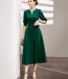 baratos -Linha A Longuette Vestido de festa Vestido Coquetel Meia Manga Decote V Elegante Vintage Festa Poliéster Vestido Para Mãe dos Noivos com Pregas