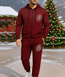 preiswerte -Weihnachten Herren 2-teiliger Trainingsanzug Lounge-Hoodie Sweatshirt mit durchgehendem Reißverschluss Vollreißverschluss mit Tasche Geometrisch Kombination Frühling Wein Marinenblau Reise Laufen