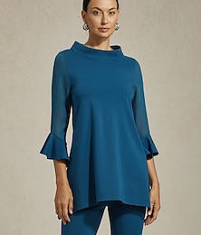 abordables -Chemisier femme bleu foncé mousseline modal coupe slim manches transparentes élégant léger respirant bureau dîner rendez-vous décontracté quotidien printemps été automne