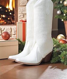 economico -stivali da donna in shearling bianco con tacco spesso - stile natalizio accogliente, perfetti per abiti da festa e riunioni festive