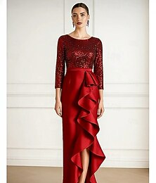 Χαμηλού Κόστους -Γραμμή Α Ίσια Γραμμή Ασύμμετρο Μακρύ Κοκτέιλ Φορέματα Βραδινά φορέματα Φορέματα για πάρτι Κομψό Μεταξένιο Μακρυμάνικο Στρογγυλή Ψηλή Λαιμόκοψη Γάμου Επίσημο Σατέν Με πούλιες με Γκλίτερ Πούλιες