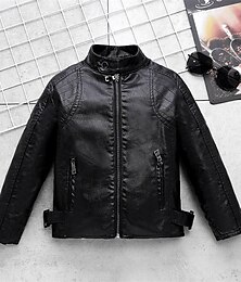 billiga -Barn Pojkar Svart skinnjacka Jakke Ytterkläder Slät Långärmad Dragkedja VATTENTÄT Vindtät Täcka Dagligen Mode Ledigt Svart Vår Höst 4-12 år