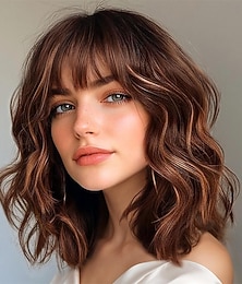 abordables -Perruques Bob ondulées pour femmes, cheveux courts bouclés, couleur caramel rougeâtre, avec frange, style mi-long, synthétique, réaliste, résistante à la chaleur, pour une coiffure quotidienne, 40,6