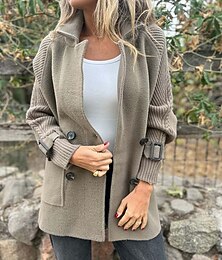 preiswerte -Damen Wintermantel Mantel Warm Bequem Tasche Knöpfe Lässig Einfarbig Urlaub Straße Lässig Alltagskleidung Lang Umlegekragen Normale Passform Langarm Oberbekleidung Schwarz Weiß Khaki Herbst Winter