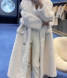 preiswerte -Damen Wintermantel Mantel Kunstpelzmantel Warm Bequem Tasche Knöpfe Mode Einfach Urlaub Ausgehen Wochenende Lang Revers Lässiger Schnitt Langarm Oberbekleidung Beige Herbst Winter