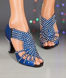 Χαμηλού Κόστους -Γυναικεία μπλε στρας επαγγελματικά παπούτσια λάτιν χορού, λαμπερά τακούνια χορού με ανοιχτή μύτη, κομψή παράσταση &παπούτσια χορού για αγώνες σάλσα και τάνγκο