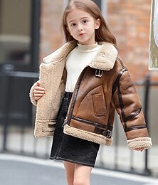 economico -Bambini Ragazze Giacca in finta pelle scamosciata Giacca in pile Giacca di pelle Tinta unica Moda Cerniera Tasca All'aperto Cappotto Capispalla 4-12 Anni Autunno Nero Marrone