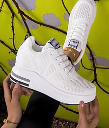 levne -Dámské bílé tenisky na platformě s prodyšným úpletem ze síťoviny, lehké šněrovací boty na každodenní nošení, na cestování &venkovní aktivity