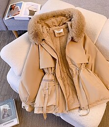preiswerte -Damen Wintermantel Kunstpelzmantel Kapuzenjacke Warm Bequem Fellbesatz Reißverschluss Tasche Knöpfe Lässig Einfach Urlaub Alltagskleidung Ausgehen Wochenende Lang Mit Kapuze Normale Passform Langarm