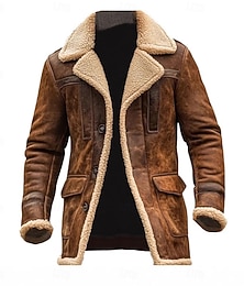 お買い得  -男性用 フェイクスエードジャケット シアリングコート フリースの上着 ウィンドブレーカー カジュアル/普段着 ウィンドブレーカー ポケット フリースカラー 冬 純色 ヴィンテージ ファッション ラペル レギュラー ブラウン ジャケット