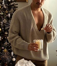 abordables -Hombre Pulóveres Suéter de punto Estriado Tejer Tops regulares De Punto Ajustado Plano Escote en Pico Prendas de punto Moderno Casual Ropa Cotidiana Ropa Otoño invierno Gris S M L