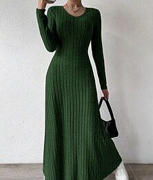 preiswerte -Damen Pullover Kleid Elegant Lässig Weich Einfarbig Gerippt V Ausschnitt Gestrickt Langarm Normale Oberteile Stricken Outdoor Täglich Wochenende Schwarz Grün Herbst Winter