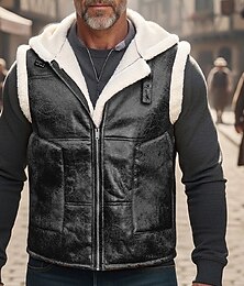 رخيصةأون -رجالي سترة الصوف سترة جيليه الأماكن المفتوحة مناسب للبس اليومي موضة كاجوال الخريف الشتاء جيب الصوف جلد اصطناعي بوليستر الدفء مريح سهل سحاب مع قبعة عادي أسود بني سترة